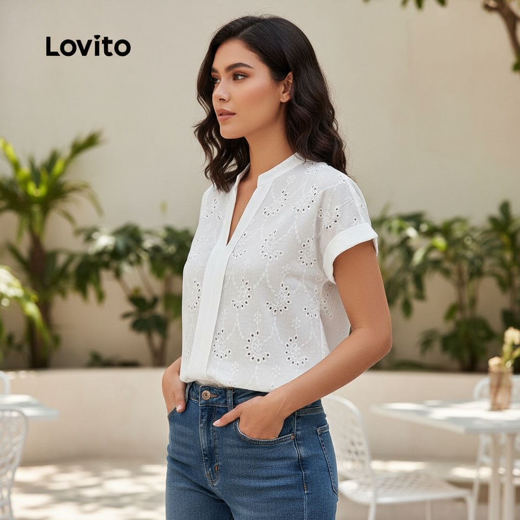 Lovito เสื้อเชิ้ตผ้าฝ้ายสําหรับผู้หญิง สไตล์ลําลอง แฟชั่นฤดูใบไม้ผลิฤดูร้อน L143ED375