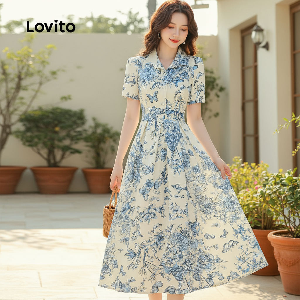 Lovito เดรสผู้หญิงสไตล์หรูหรา ซิปหลังพลิ้ว สําหรับฤดูใบไม้ผลิฤดูร้อน รหัส L154LD356