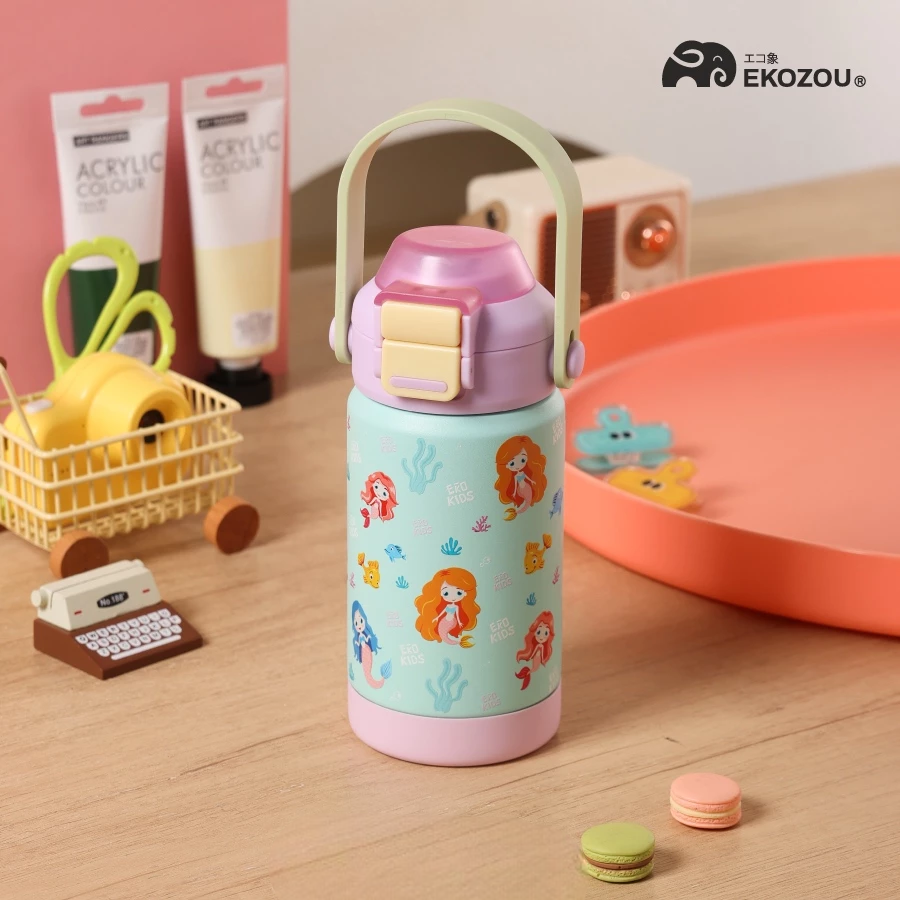 EKOKIDS ขวดน้ำสแตนเลส 304 เคลือบเซรามิก มีหลอดดูด รุ่นฝา 2 ชั้น ขนาด 360ml/12oz