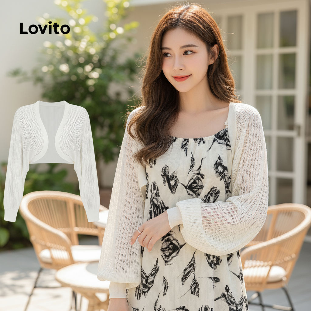Lovito คาร์ดิแกนลําลองผู้หญิง ทรงเรียบ สีพื้น รุ่น L64AD102 (ขาว/ดํา)