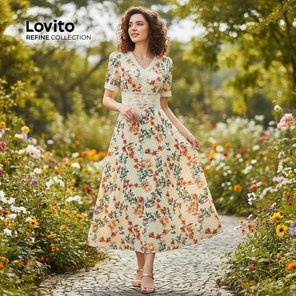 Lovito Refine เดรสโบฮีเมียนพิมพ์ลายชนเผ่าคอระบายหลากสีสําหรับผู้หญิง LR11ED015