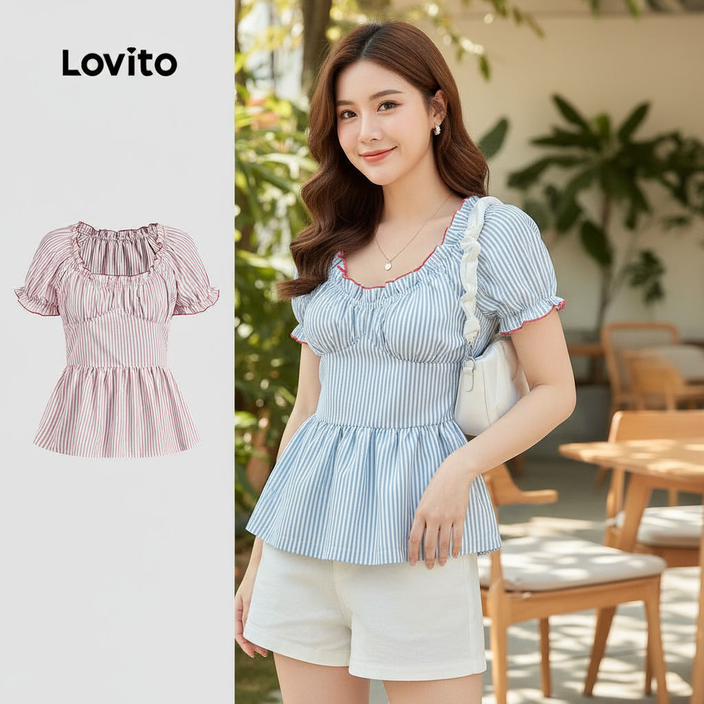 Lovito เสื้อผู้หญิงลายจีบคมชัดสม็อค ผูกพัน สไตล์น่ารักสําหรับฤดูร้อนและฤดูใบไม้ผลิ L125AD492