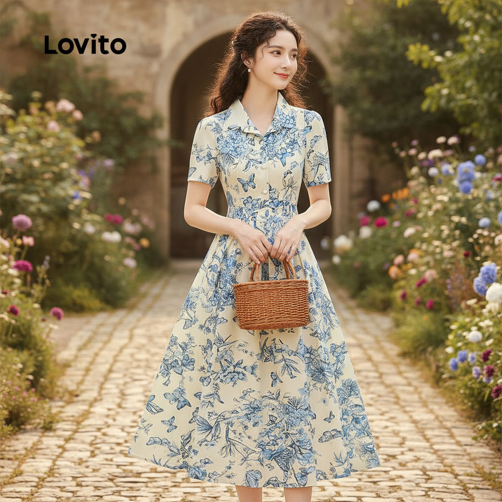 Lovito เดรสผู้หญิงสไตล์หรูหรา ซิปหลังพลิ้ว สําหรับฤดูใบไม้ผลิฤดูร้อน รหัส L154LD356