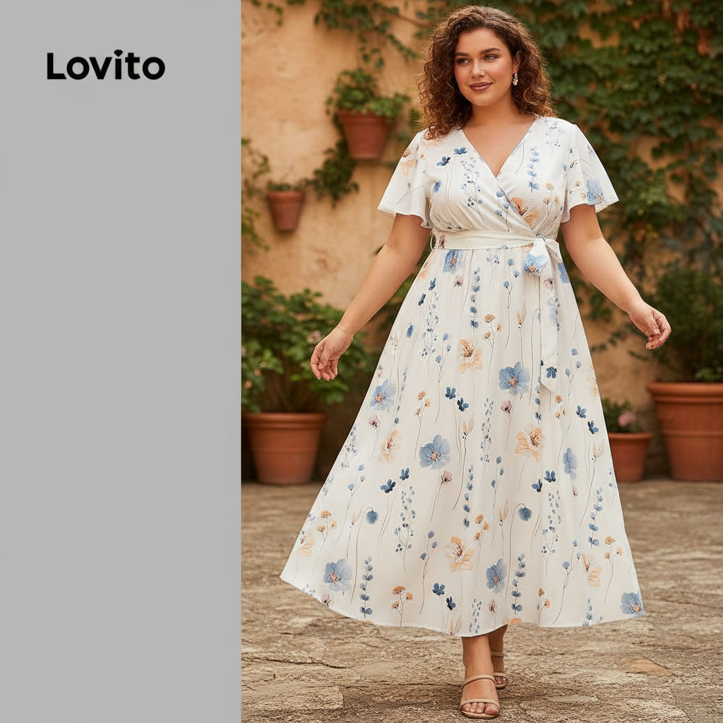 Lovito เดรสโค้งขนาดใหญ่ สไตล์โบฮีเมียน เดรสลายดอกไม้ผูกเชือกผู้หญิง LBL18750