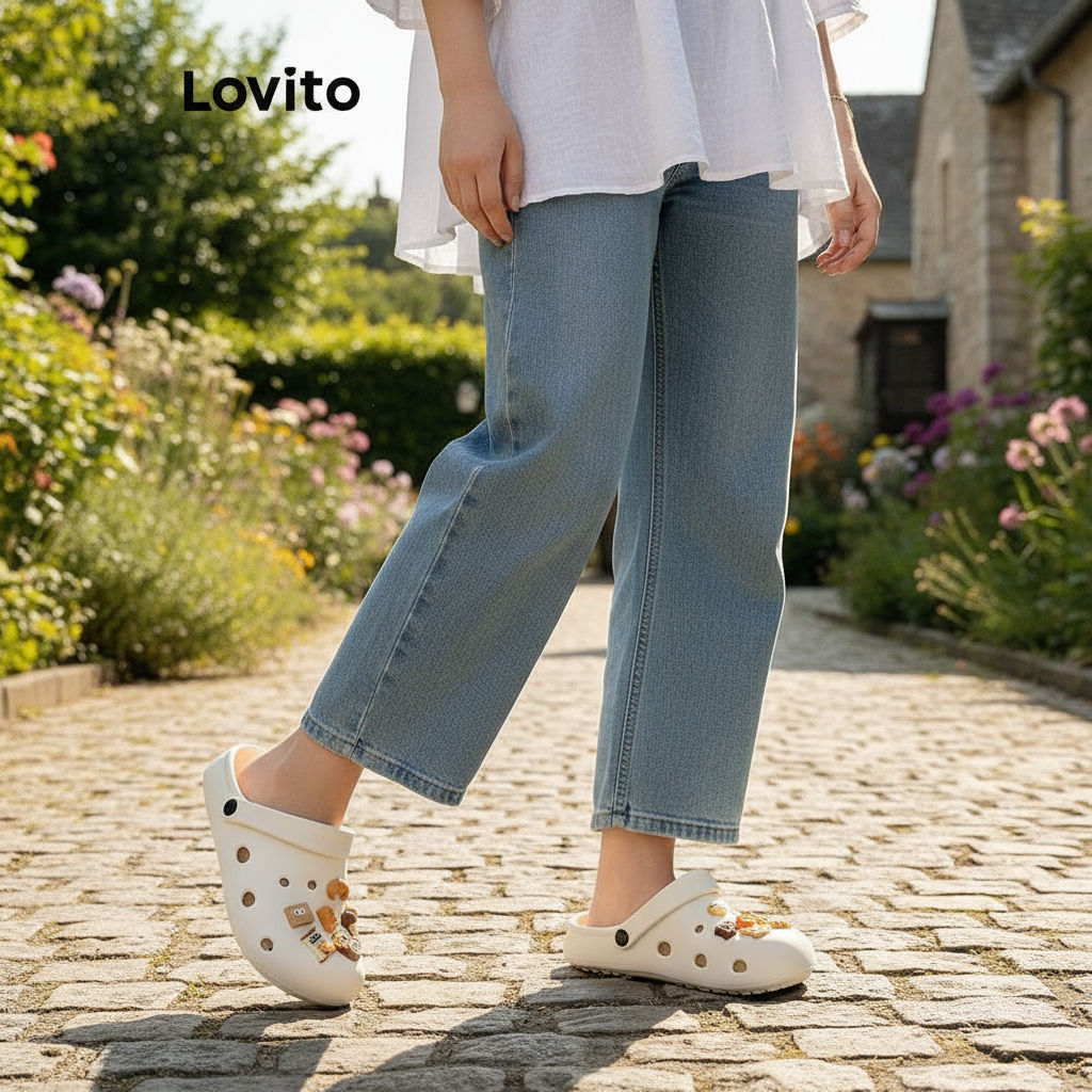 Lovito วัสดุ อีวา ใส่สบาย ไม่เหม็นเท้า พื้นนิ่ม สีช็อกโกแลต รองเท้าส้นแบน สําหรับผู้หญิง ใส่วันหยุดส