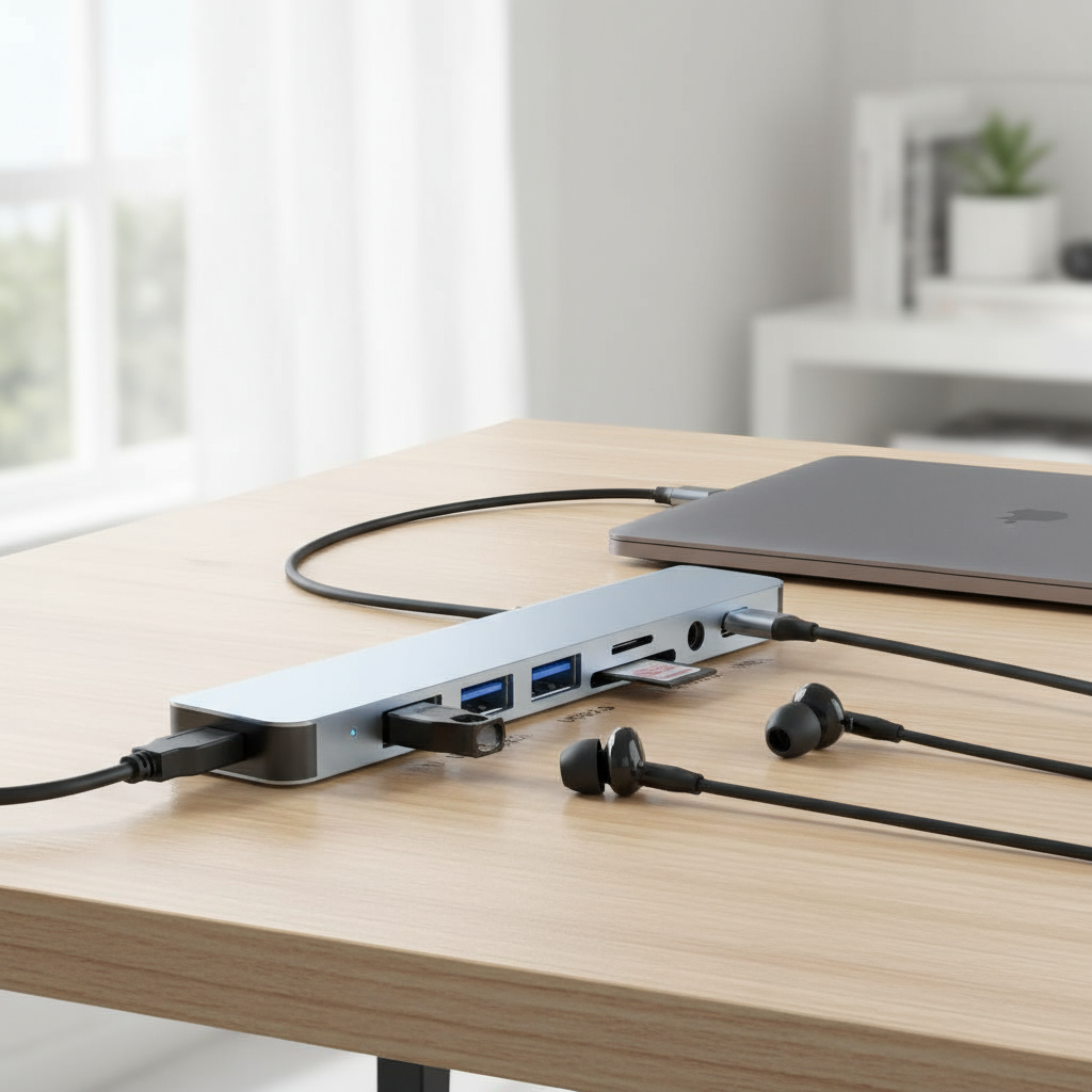 ฮับ USB 3.0 ขนาด 8-in-2 พร้อมเคสอลูมิเนียม, USB 3.0, Type C, SD/TF Card Reader, 3.5mm สําหรับ PC/แล็