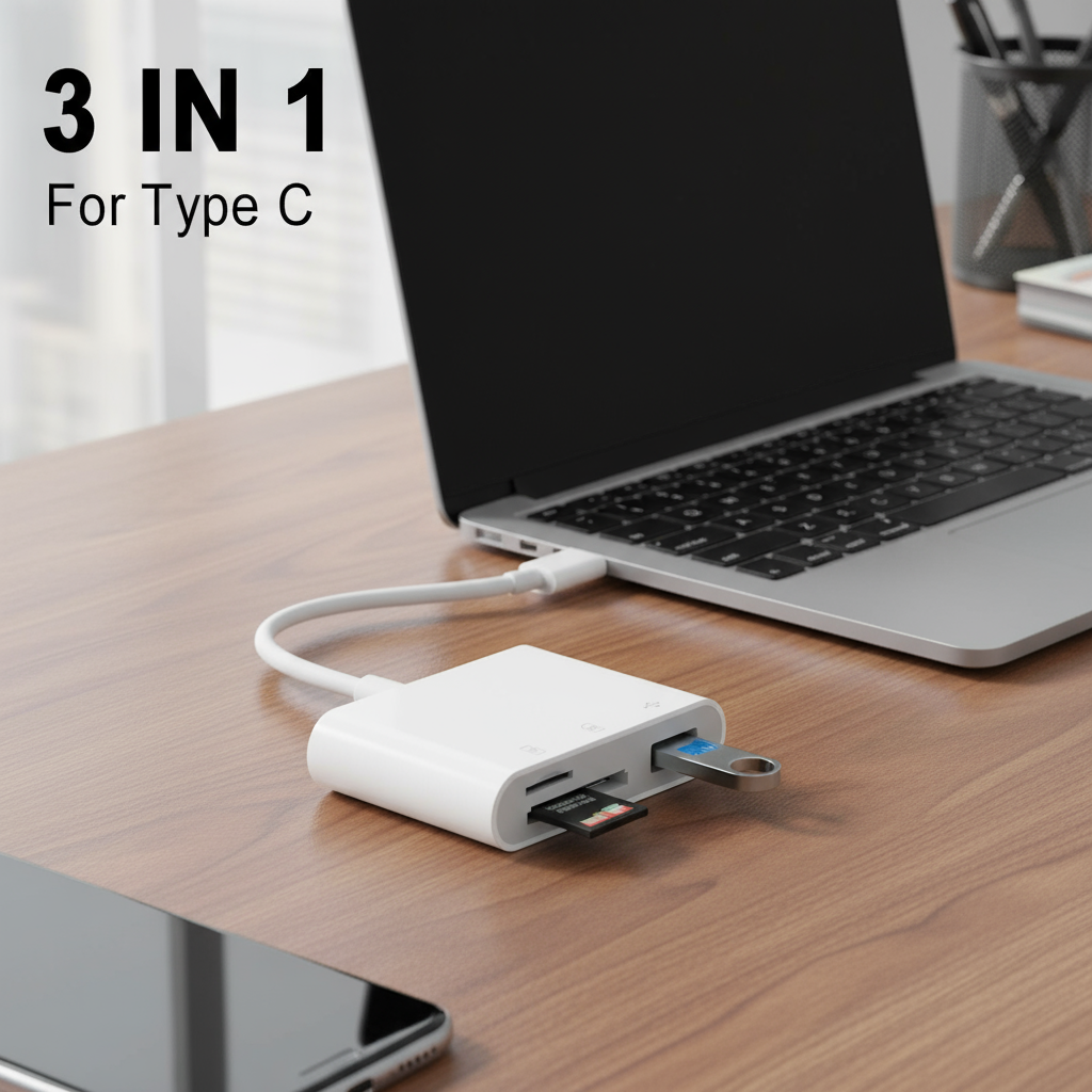 อะแดปเตอร์ 3 in 1 USB-C OTG, เครื่องอ่านการ์ด SD และพอร์ตชาร์จ สําหรับ iPhone 16/15 Pro Max & MacBoo