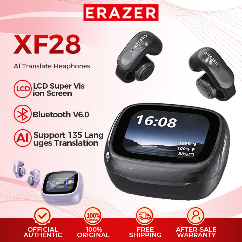 ERAZER XF28 หูฟัง AI สมาร์ทแปลหูฟัง TWS หน้าจอสี Earclips หูฟังแบบหนีบ HD การโทรด้วยเสียง ASMR ชุดหู