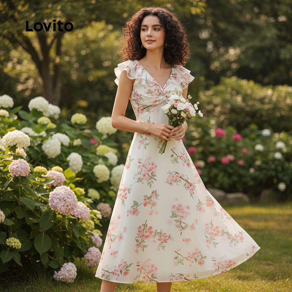 Lovito ชุดเดรสลายดอกไม้จับจีบ นุ่มสบาย สําหรับผู้หญิงในฤดูใบไม้ผลิ/ฤดูร้อน L138ED015