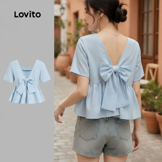 Lovito เสื้อเชิ้ตผู้หญิงสีฟ้าสไตล์ลําลอง แต่งโบว์ระบายและจีบ…