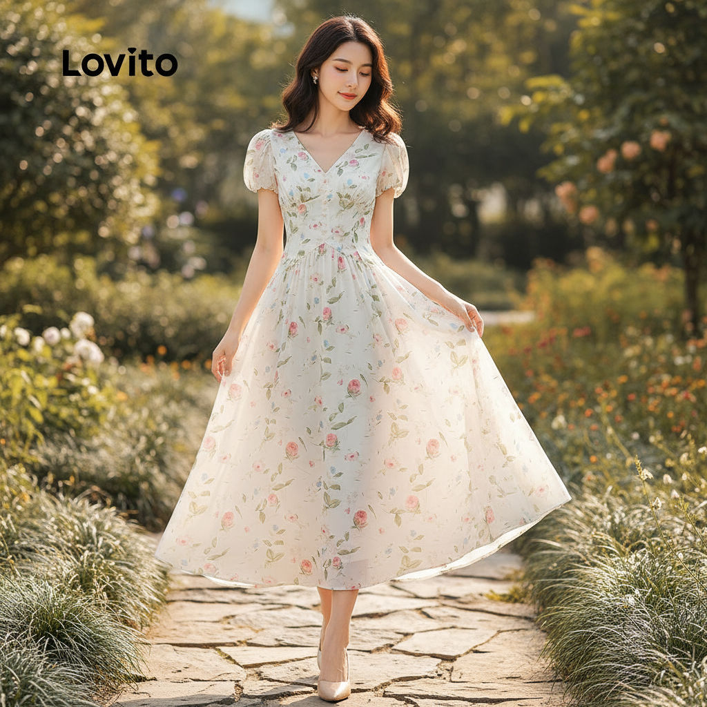 Lovito ชุดเดรสลําลอง คอร์เซ็ตแนบเนื้อ ติดจีบ ซิป เปิดหลัง ฤดูใบไม้ผลิ ฤดูร้อน L142LD168