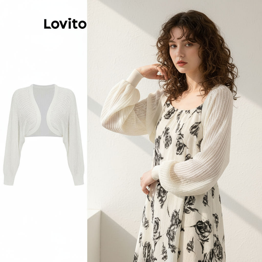 Lovito คาร์ดิแกนลําลองผู้หญิง ทรงเรียบ สีพื้น รุ่น L64AD102 (ขาว/ดํา)