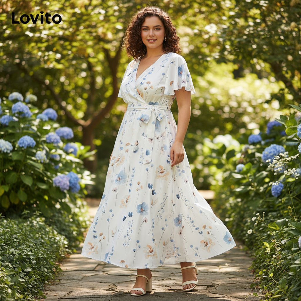 Lovito เดรสโค้งขนาดใหญ่ สไตล์โบฮีเมียน เดรสลายดอกไม้ผูกเชือกผู้หญิง LBL18750