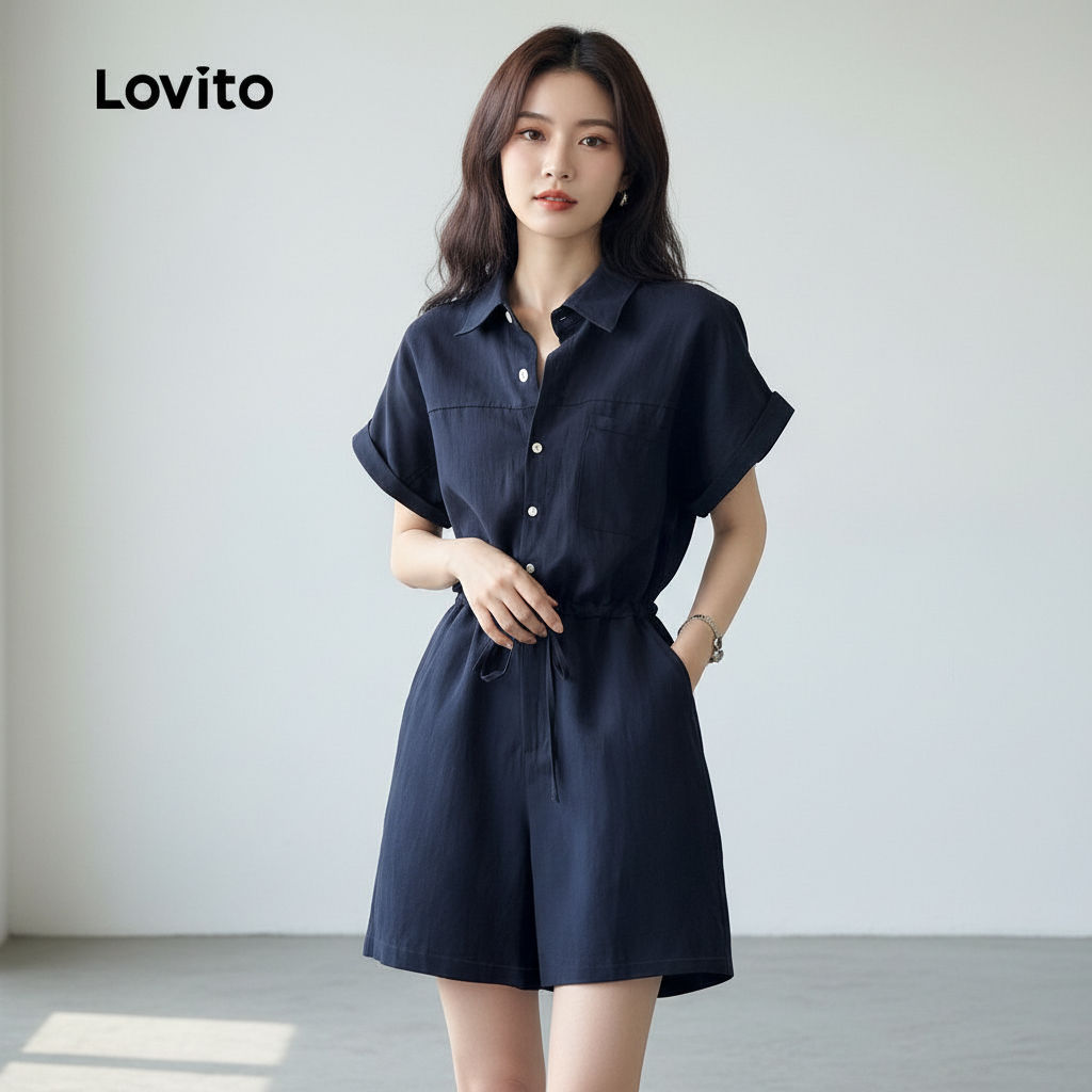 Lovito ชุดจั๊มสูทผูกเชือกผู้หญิง สีกรมท่า ฤดูใบไม้ผลิ ฤดูร้อน L158ED448