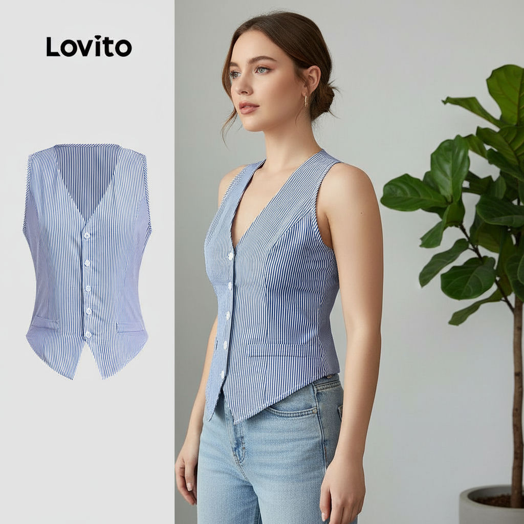 Lovito เสื้อแขนกุดคอเปิดสไตล์ลําลองสําหรับผู้หญิง สีกรมท่า สําหรับฤดูใบไม้ผลิและฤดูร้อน LBL28236