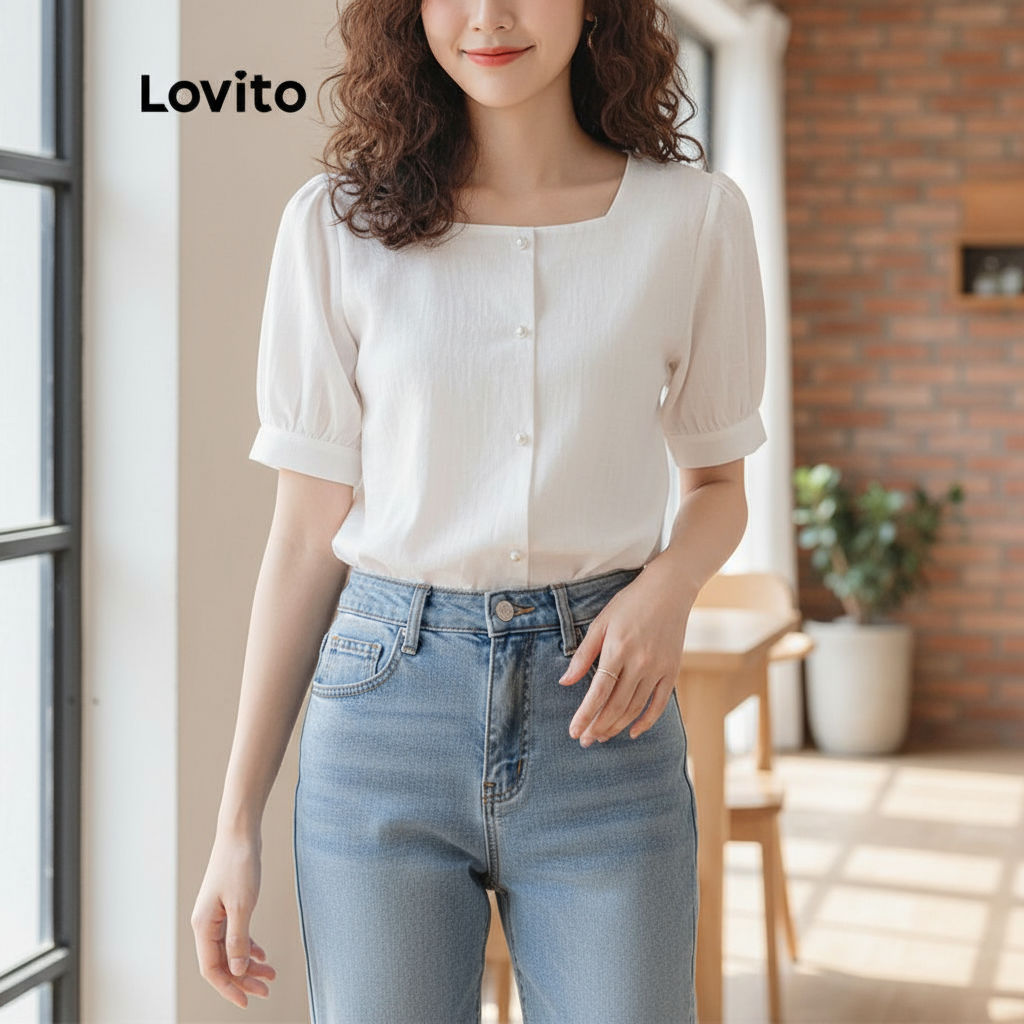 Lovito เสื้อเบลาส์ลําลอง คอเหลี่ยม กระดุมแถวเดียว สําหรับผู้หญิง LNA04158 (สีขาว)