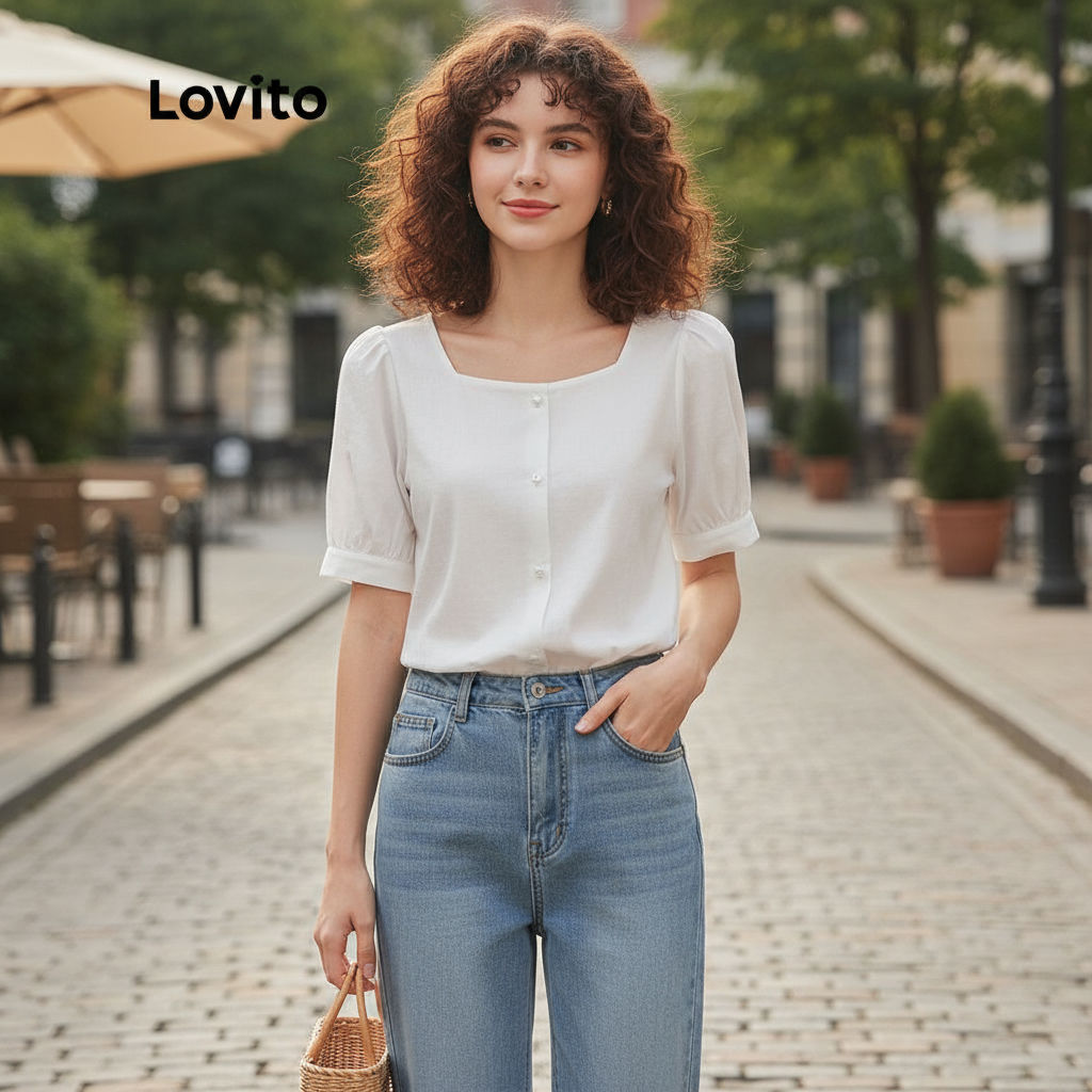 Lovito เสื้อเบลาส์ลําลอง คอเหลี่ยม กระดุมแถวเดียว สําหรับผู้หญิง LNA04158 (สีขาว)