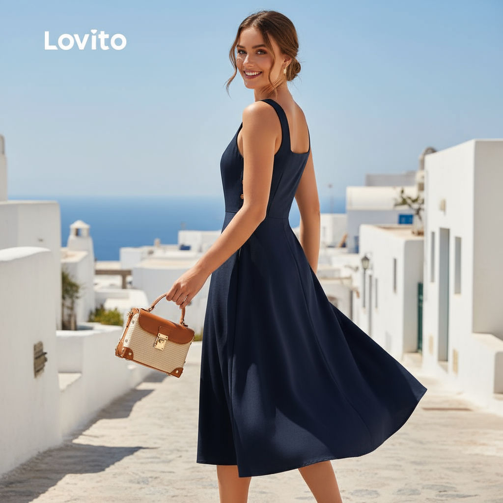 Lovito ชุดสุภาพ ชายเสื้อ มีกระเป๋า ติดกระดุม ดีไซน์เส้นตรง ฤดูใบไม้ผลิ/ฤดูร้อน สีกรมท่า LBL26228