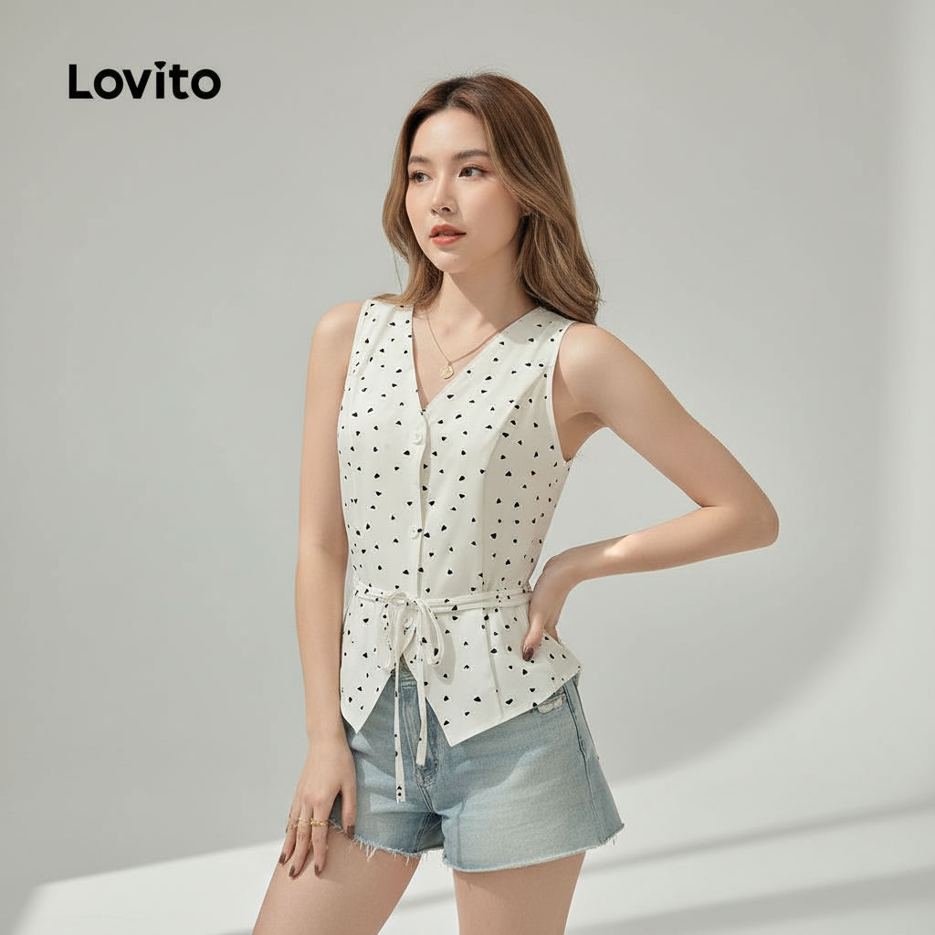 Lovito เสื้อเชิ้ตคอเปิดสําหรับผู้หญิง สไตล์เรียบหรู ฤดูใบไม้ผลิ/ฤดูร้อน สีขาวออฟไวท์ L143EDD423