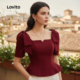 Lovito เสื้อเบลาส์วินเทจผูกโบว์สําหรับงานปาร์ตี้คริสต์มาสสีแ…