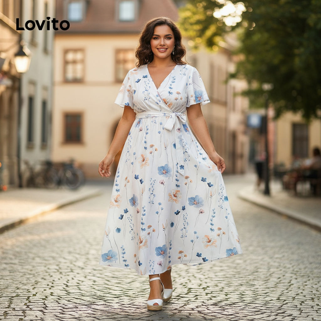 Lovito เดรสโค้งขนาดใหญ่ สไตล์โบฮีเมียน เดรสลายดอกไม้ผูกเชือกผู้หญิง LBL18750