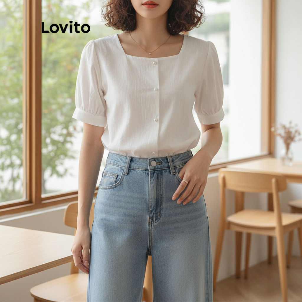 Lovito เสื้อเบลาส์ลําลอง คอเหลี่ยม กระดุมแถวเดียว สําหรับผู้หญิง LNA04158 (สีขาว)