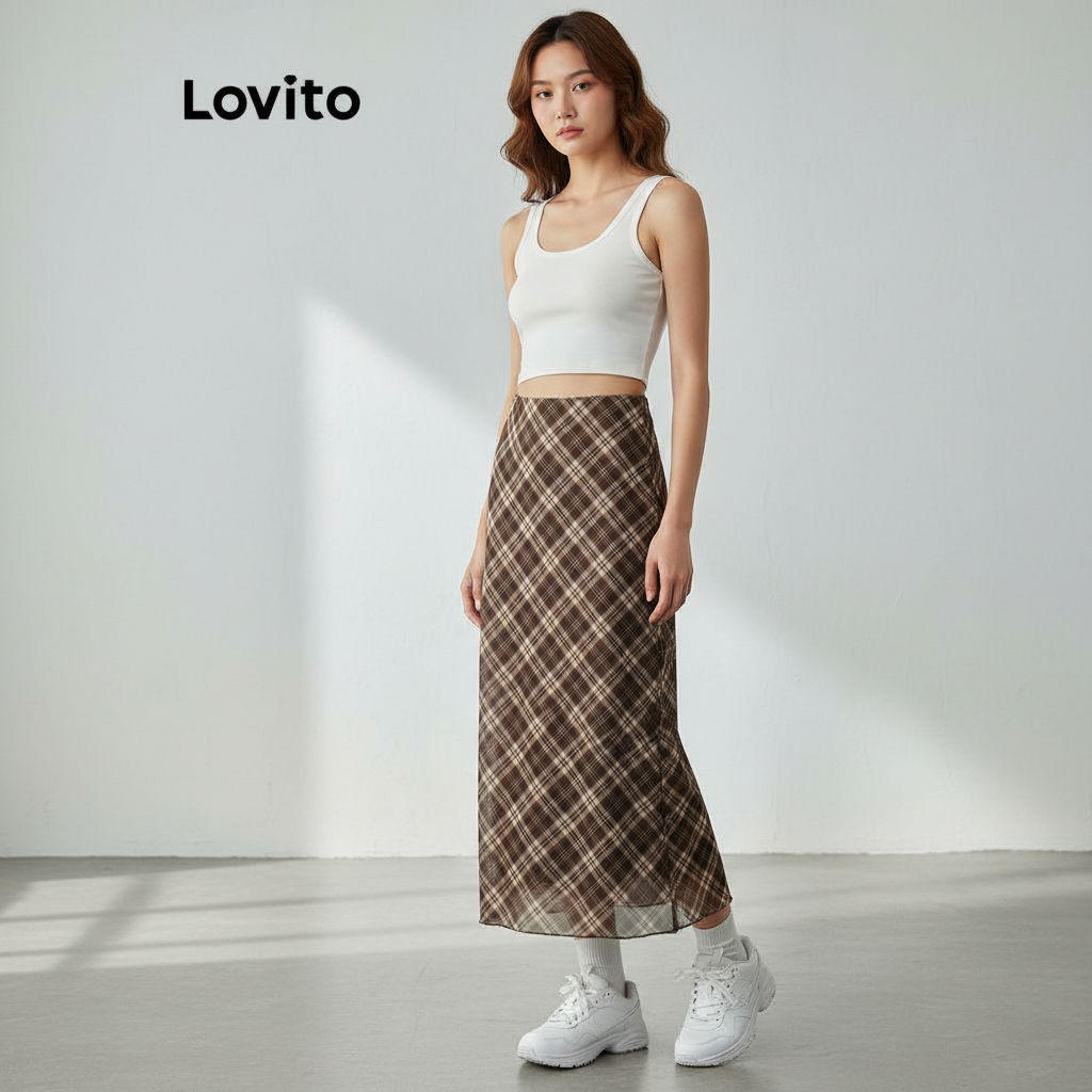 Lovito แคชชวล กระโปรงผู้หญิง ลายตารางสองชั้น ทรงผ่าข้าง รุ่น L58AD073 (หลากสี)