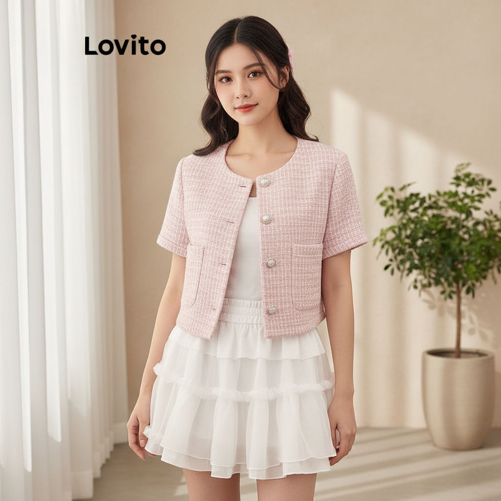 Lovito สง่างาม เสื้อแจ็คเก็ตผู้หญิง แจ็คเก็ตลําลอง เนื้อผ้ามีลวดลาย กระดุมหน้าเรียบ L117ADD104