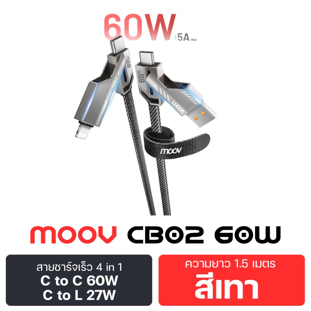 Moov CB02 / CB02 Lite สายชาร์จเร็ว 4 in 1 Type C to Type C / L Cable / USB รองรับ PD สูงสุด 100W ราคา ถูกที่สุด ดีลบีเคเค แกลเลอรีภาพที่ 5