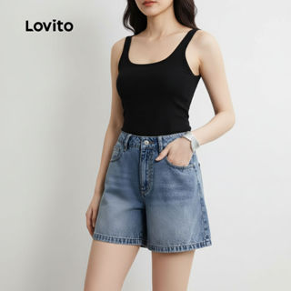 Lovito กางเกงขาสั้นยีนส์หรูหรา คลาสสิก ใช้งานได้หลากหลาย สํา…