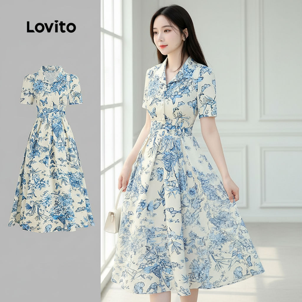 Lovito ชุดเดรสสุภาพ ซิปหน้าพลิ้วไหว เหมาะกับฤดูใบไม้ผลิ ฤดูร้อน สําหรับผู้หญิง L154LD356