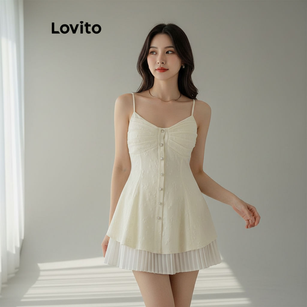 Lovito เดรสผู้หญิงผ้าแจ็คการ์ด กระดุมจีบ สไตล์ลําลองสําหรับฤดูร้อน L86ED347