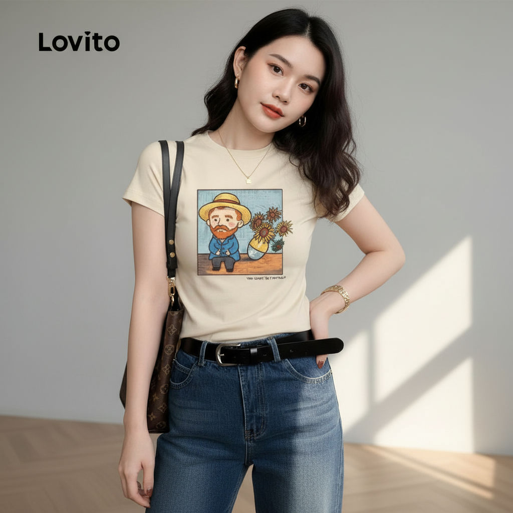 Lovito เสื้อยืดแฟชั่นผู้หญิงสีแอปริคอทสําหรับฤดูใบไม้ผลิและฤดูร้อน LFI1ED023