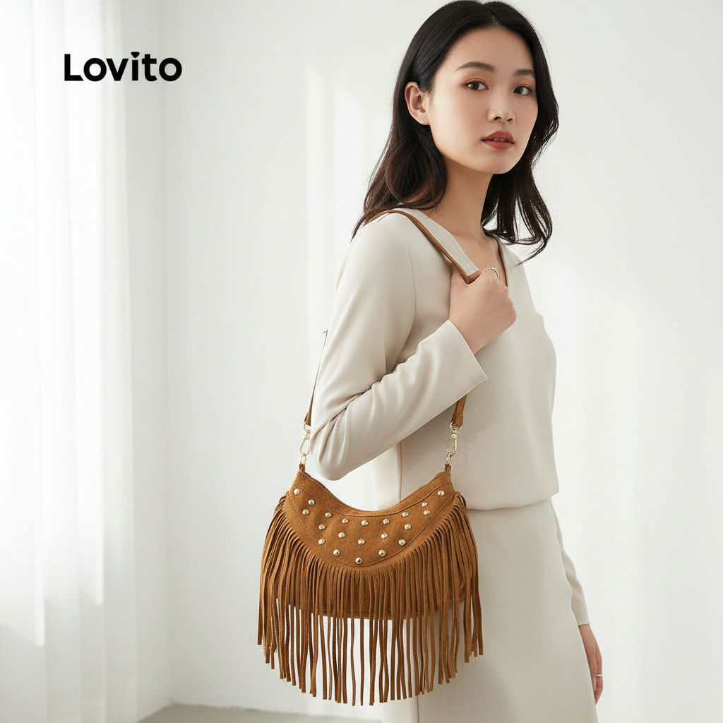 Lovito กระเป๋าถือผู้หญิงสไตล์ลําลอง ตกแต่งหมุด LFA104009