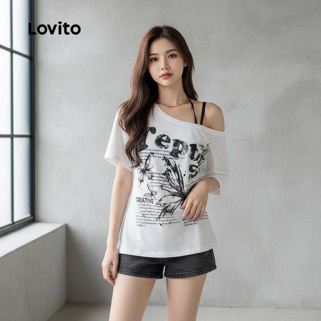 Lovito แคชชวล เสื้อยืดผู้หญิงสีขาวดีไซน์ไหล่เย็น 2in1 สไตล์ จีบสวย แฟชั่นฤดูใบไม้ผลิ/ฤดูร้อน เกาหลี 