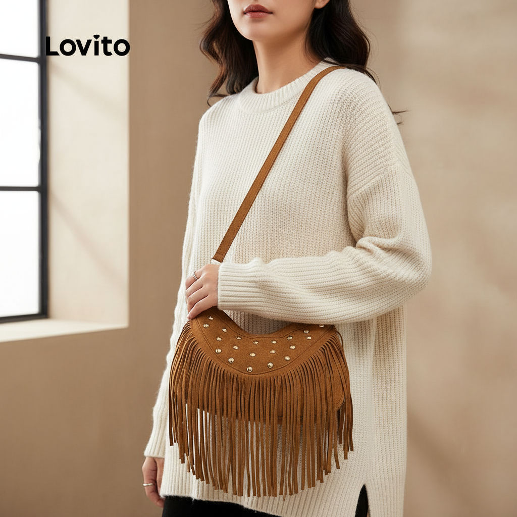 Lovito กระเป๋าถือผู้หญิงสไตล์ลําลอง ตกแต่งหมุด LFA104009