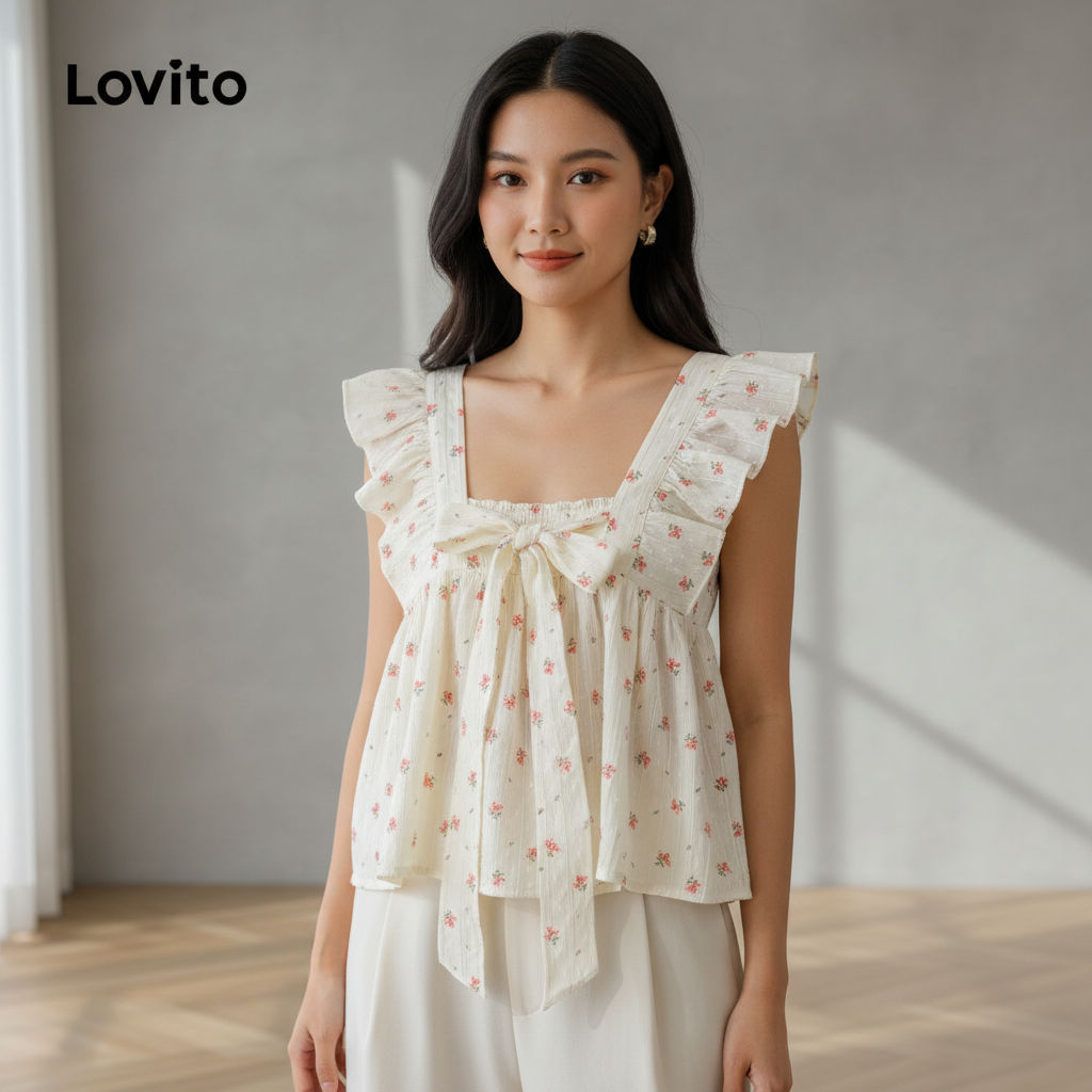 Lovito เสื้อผู้หญิงแต่งระบาย ผูกโบว์ ลายดอกไม้ ใส่สบาย LNE60414