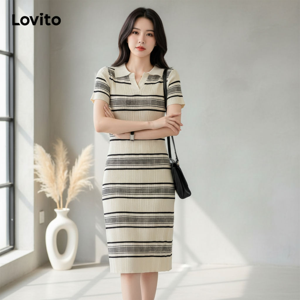 Lovito ชุดเดรสผู้หญิง คอปกโปโล ลายทาง สีดํา สําหรับฤดูร้อน ฤดูใบไม้ผลิ รุ่น LNA19061
