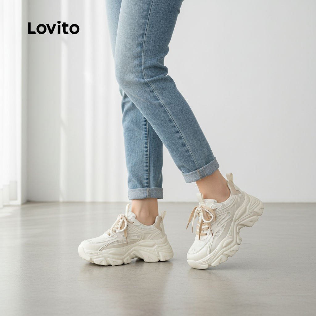 Lovito รองเท้าลําลองผู้หญิงแฟชั่นพื้นหนาเพิ่มความสูงด้านในรองเท้าผ้าใบสไตล์เค้ก LFA60422