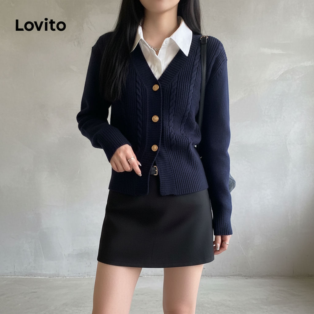 Lovito คาร์ดิแกนผู้หญิง กระดุมหน้า แยกชิ้น สีพื้น ใส่สบาย LNE27151 (สีฟ้า)