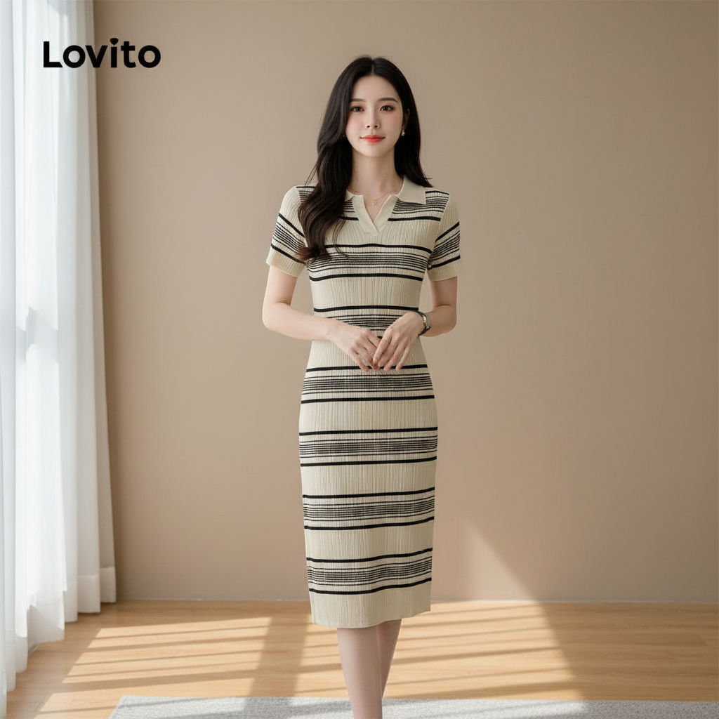 Lovito ชุดเดรสผู้หญิง คอปกโปโล ลายทาง สีดํา สําหรับฤดูร้อน ฤดูใบไม้ผลิ รุ่น LNA19061