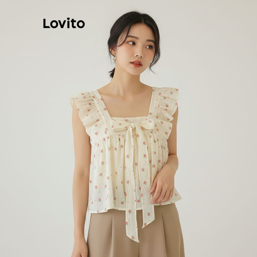 Lovito เสื้อผู้หญิงแต่งระบาย ผูกโบว์ ลายดอกไม้ ใส่สบาย LNE60414