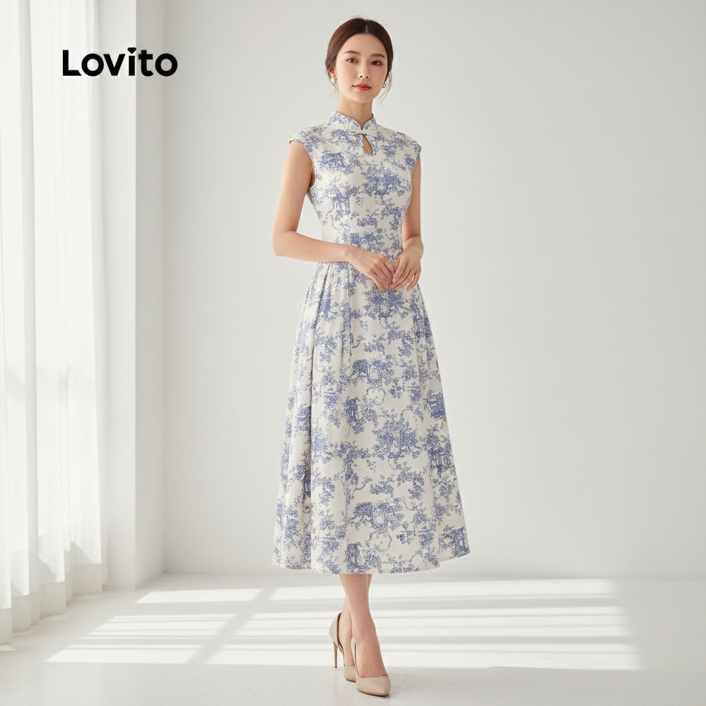 Lovito เดรสสไตล์โบโฮ ทรงหลวม สไตล์กี่เพ้าจีน สําหรับผู้หญิง ใส่ฤดูใบไม้ผลิ ฤดูร้อน L154ED602