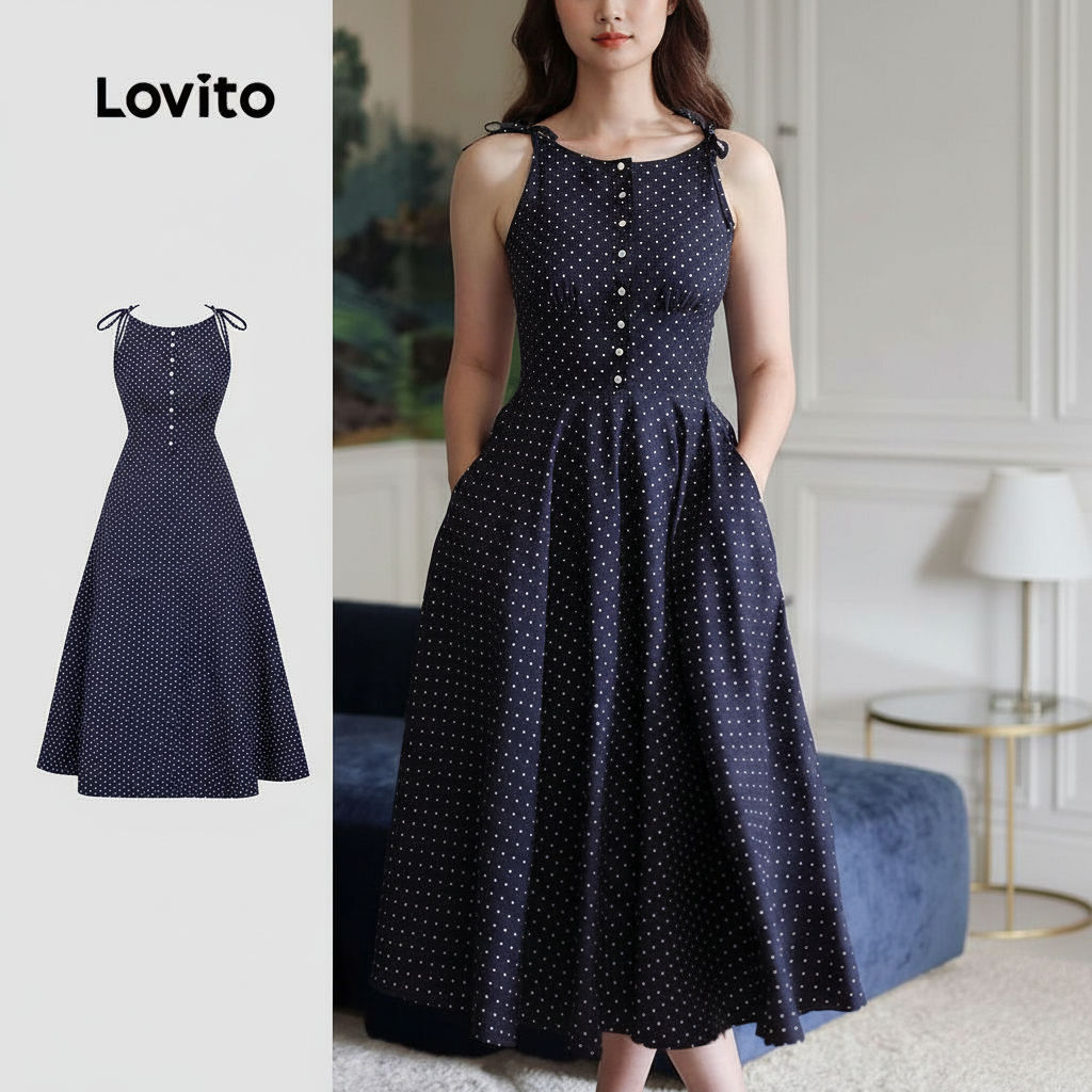 Lovito ชุดเดรสสวยมีกระดุมหน้า สายผูกด้านหน้า ฤดูใบไม้ผลิ/ฤดูร้อน เดรสสีน้ําเงิน L155ED722
