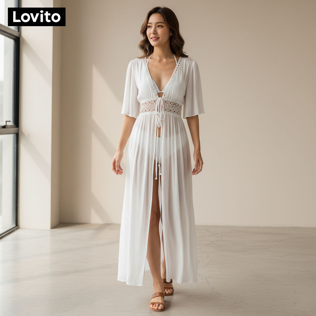 Lovito เสื้อกิโมโนผู้หญิง ดีไซน์ผ้าเย็บต่อ สไตล์ลําลอง LNE60448