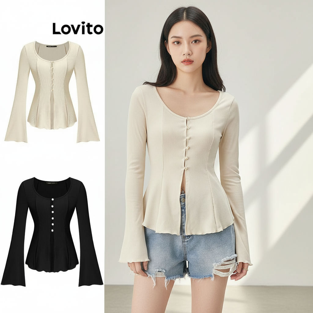 Lovito เสื้อยืดผู้หญิง ทรงรัดด้านหน้าปุ่มอสมมาตร แบบลําลอง สีหลากหลาย L52AD153