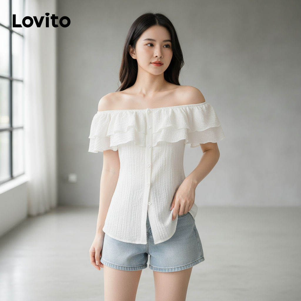 Lovito เสื้อเชิ้ตผู้หญิงผ้าพื้นเรียบแต่งระบายกระดุมสําหรับฤดูใบไม้ผลิและฤดูร้อน L79AD128