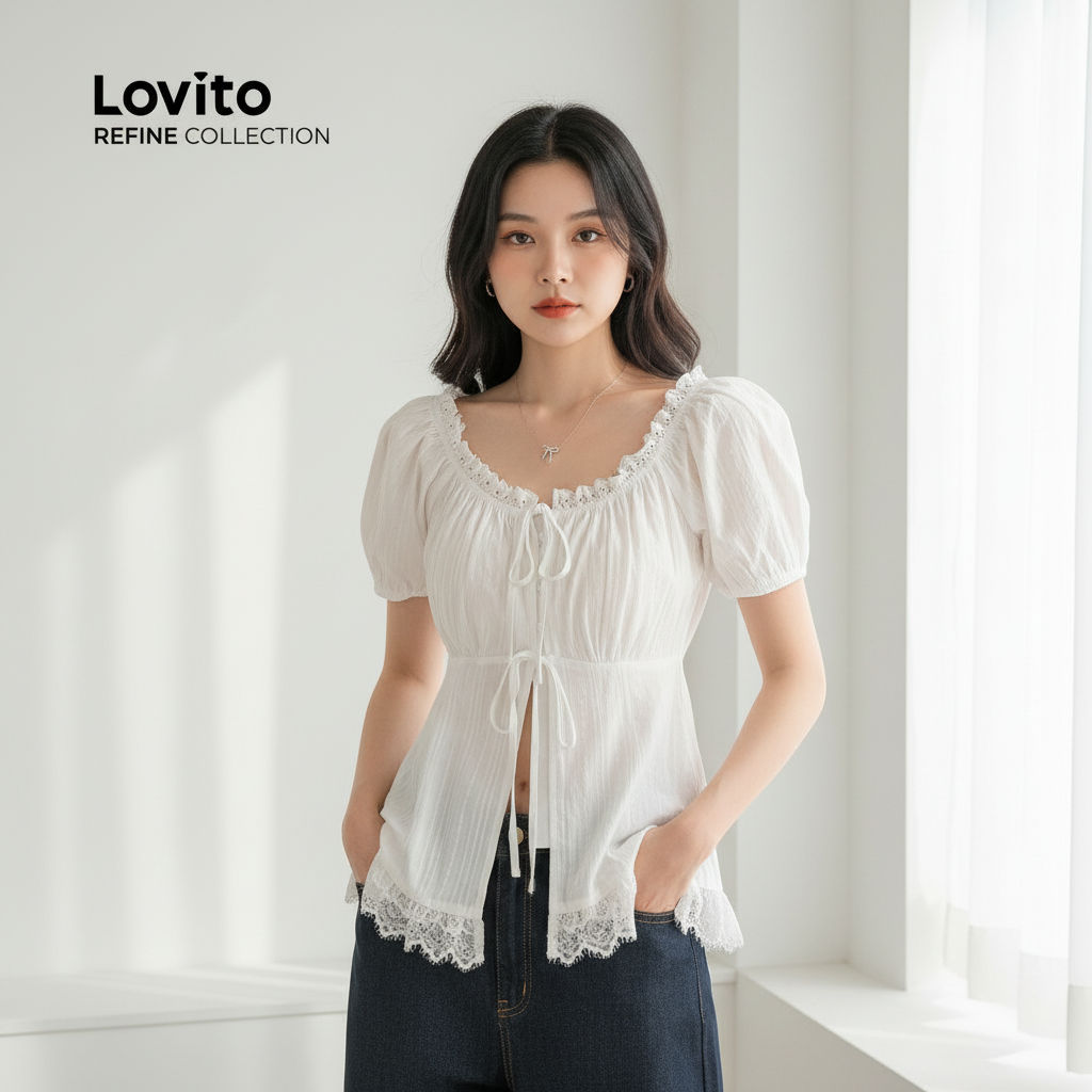 Lovito Refine เสื้อลูกไม้ผูกเชือก สีขาว สําหรับผู้หญิง ฤดูใบไม้ผลิ/ฤดูร้อน รุ่น LR23A465