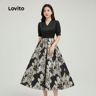 Lovito ชุดเดรสผู้หญิง สีดํา งานตัดเย็บสีผสม สําหรับฤดูร้อน L…