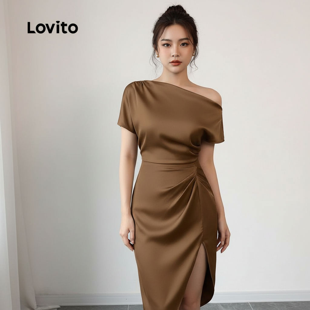 Lovito เดรสพลีทสีน้ําตาล ไซส์ซ่อน สําหรับผู้หญิง L155AD343